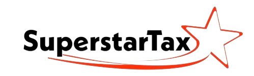 This SuperstarTax logo. They are an income tax preparation company main logo. Their services include income tax prep, refund advances, bookkeeping, and payroll management.